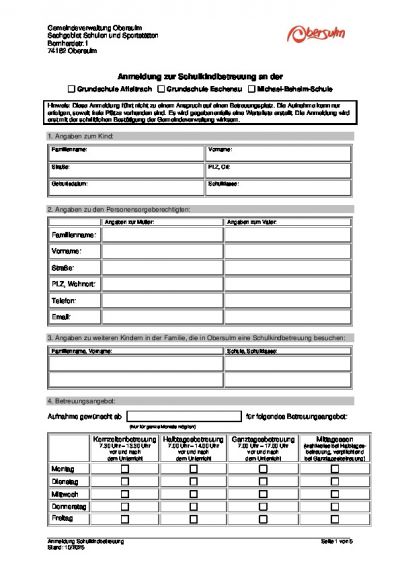 Anmeldeformular Schulkindbetreuung