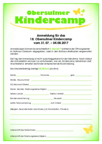 Anmeldung Kindercamp 2017