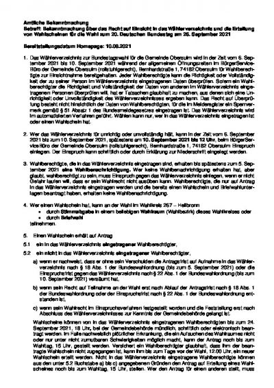 Amtliche Bekanntmachung- Betreff: Bekanntmachung über das Recht auf Einsicht in das Wählerverzeichnis und die Erteilung von Wahlscheinen für die Wahl zum 20. Deutschen Bundestag am 26. September 2021