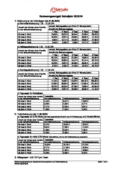 Übersicht Betreuungsentgelte