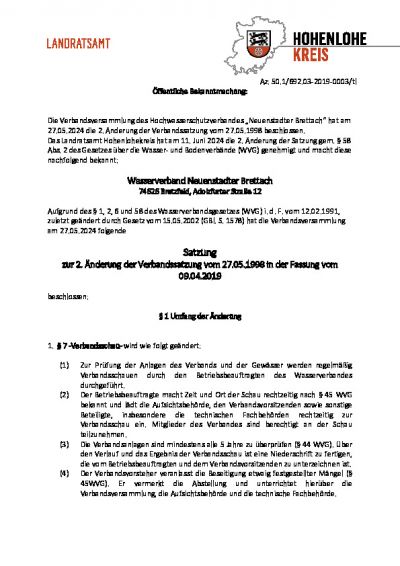 Satzung zur 2. Änderung der Verbandssatzung vom 27.05.1998 in der Fassung vom 09.04.2019