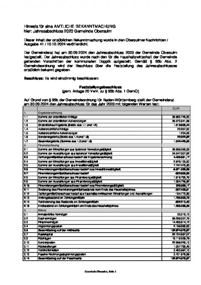 Jahresabschluss 2023 Gemeinde Obersulm