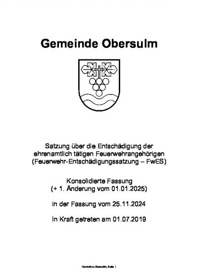 Feuerwehr-Entschädigungssatzung FwES, + 1. Änderung